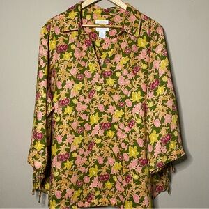 Cynthia Rowley European Flax Blouse Women 2X Green Pink Floral 100% Linen Casual